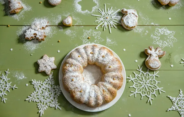 Snowflakes, Board, deer, cookies, plate, Christmas, pie, New year