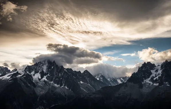 The sky, clouds, snow, mountains, nature, rocks