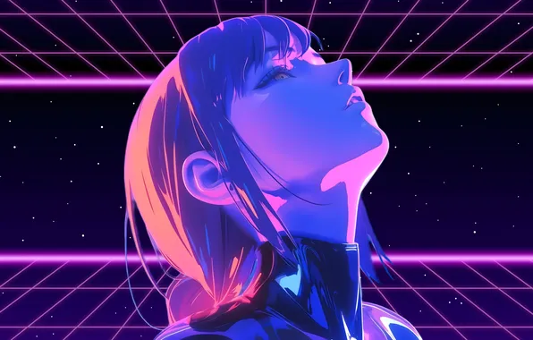 Picture space, long hair, anime, cyberpunk, anime girls, purple hair, purple background, retrowave