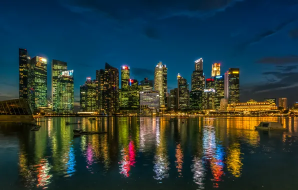 Water, night, lights, reflection, coast, skyscrapers, Singapore
