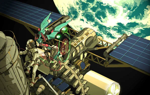 Space, wings, astronaut, Earth, Hatsune Miku, Vocaloid, Vocaloid, spaceship