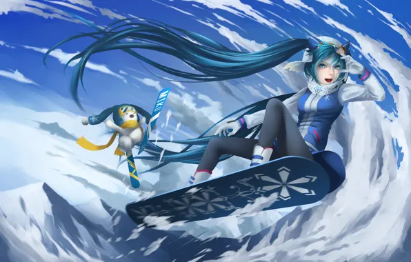 Picture winter, girl, snow, joy, mountains, snowboard, anime, art