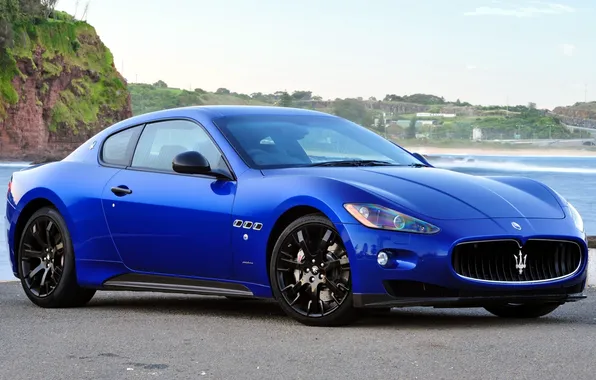 The sky, blue, rocks, shore, Maserati, sports car, Maserati, the front