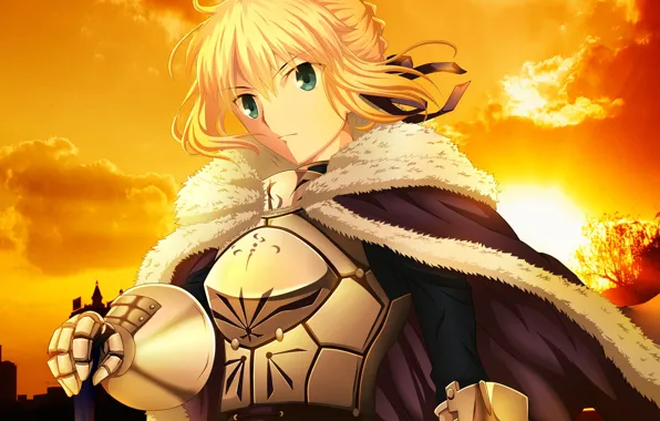 Girl, sunset, anime, art, the saber, Fate / Stay Night