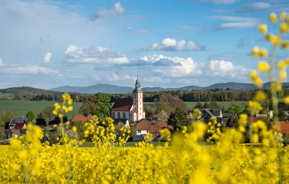 Clouds, flowers, hills, Church, temple, rape, rapeseed field
