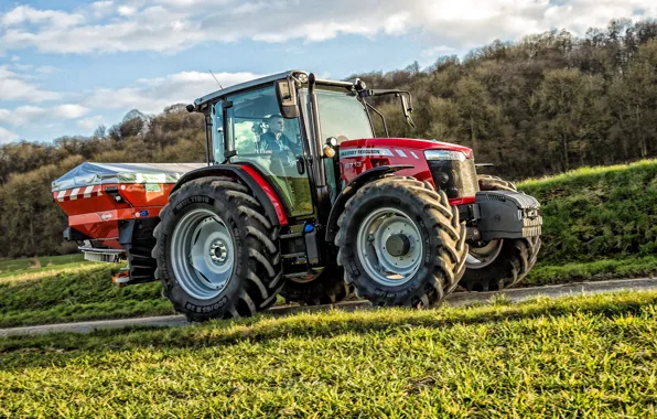 The sky, grass, trees, tractor, cabin, wheel, Massey Ferguson, agricultural machinery