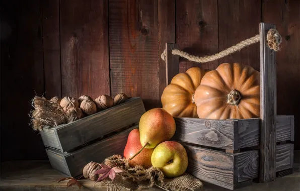 Autumn, leaves, table, Board, rope, pumpkin, fruit, nuts