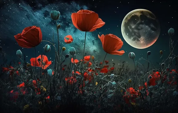 Stars, flowers, night, nature, the moon, graphics, Maki, art