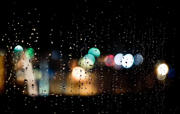 Glass, drops, night, lights, rain, bokeh
