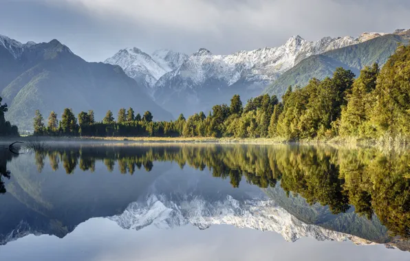 Trees, mountains, lake, reflection, New Zealand, New Zealand, water surface, Lake Matheson