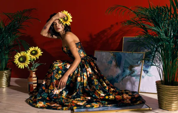 Girl, sunflowers, flowers, pose, style, dress, pictures, Julia Star