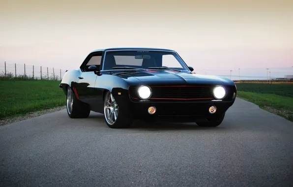 Picture road, the sky, black, tuning, coupe, Chevrolet, 1969, Camaro