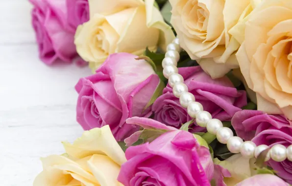 Flowers, background, bouquet, Yellow, Beads, Roses, pink, buds