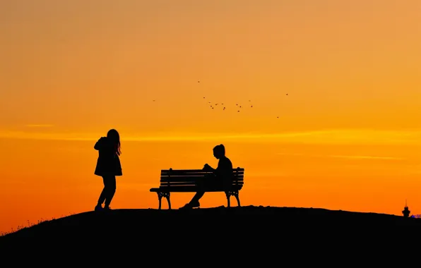 Sunset, silhouette, glow, bench