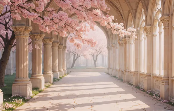Spring, Sakura, columns, alley, flowering, trees, pink, blossom