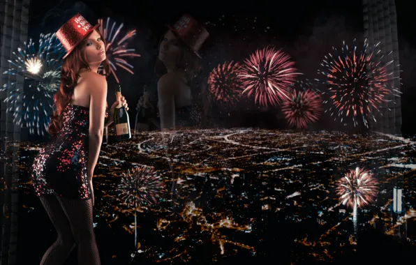 Reflection, bottle, panorama, New year, fireworks, champagne, night city, Tancy Marie