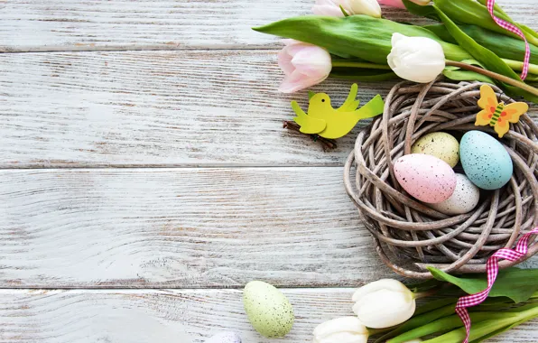 Flowers, eggs, spring, colorful, Easter, tulips, happy, wood