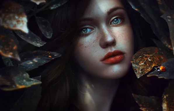 Girl, Look, Leaves, Lips, Face, Girl, Eyes, Plants