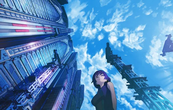 Picture the sky, girl, clouds, the city, home, anime, art, arsenixc