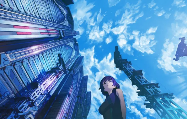 The sky, girl, clouds, the city, home, anime, art, arsenixc