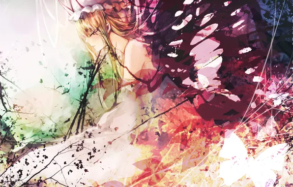 Picture girl, butterfly, abstraction, figure, wings, art, profile, touhou