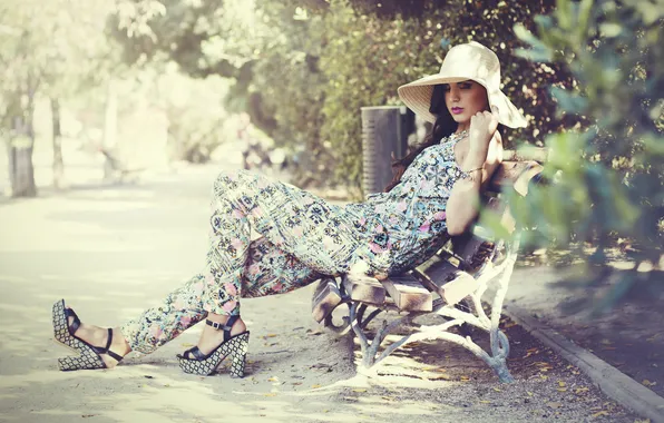 Hat, brunette, sandals