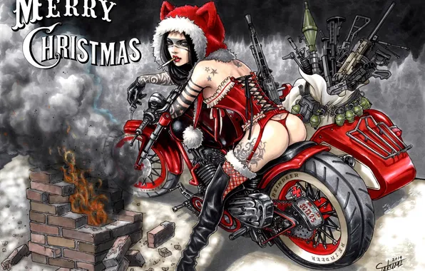 Erotic, ass, girl, weapons, background, smoke, motorcycle, bricks