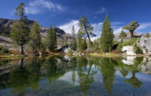 The sky, clouds, trees, mountains, lake