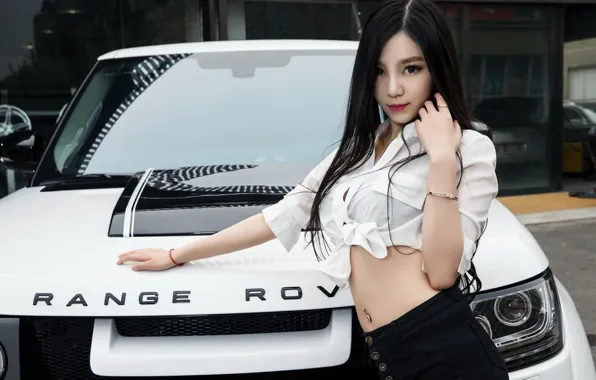 Picture look, Girls, Land Rover, Asian, beautiful girl, posing, white car