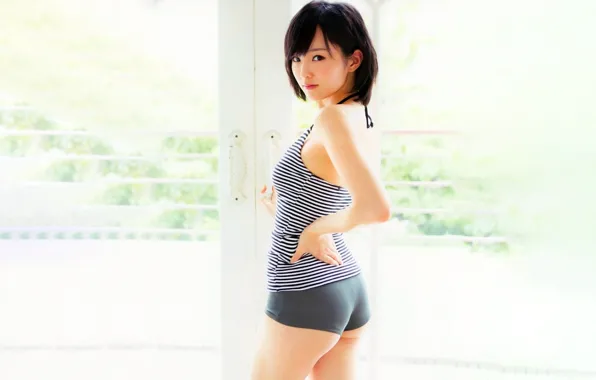 Picture girl, sexy, ass, shorts, blouse, beautiful, short hair, pretty