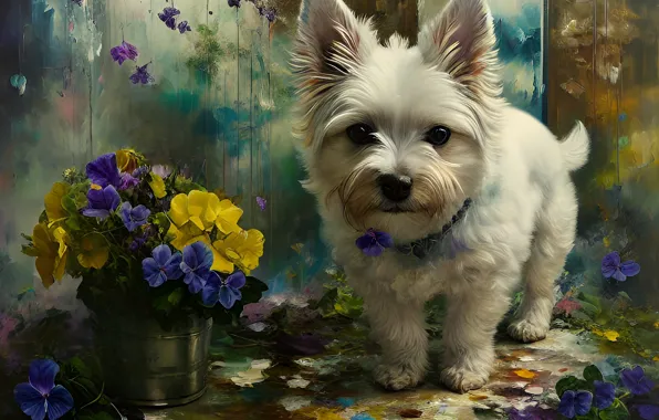 Picture white, summer, look, flowers, nature, portrait, dog, bouquet