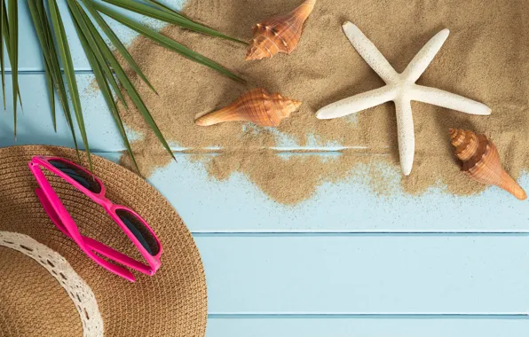 Sand, beach, summer, stay, star, vacation, hat, glasses