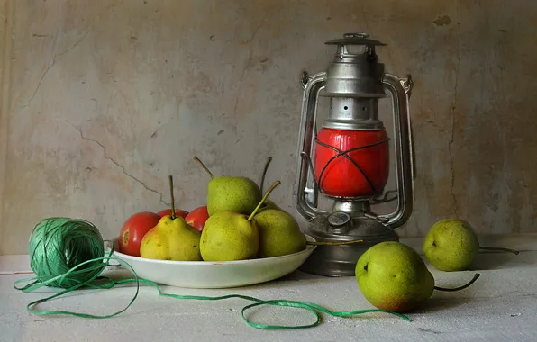Picture table, lantern, tape, fruit, still life, pear, rope