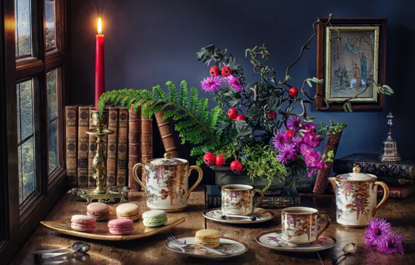 Flowers, table, books, candle, picture, window, the tea party, Cup