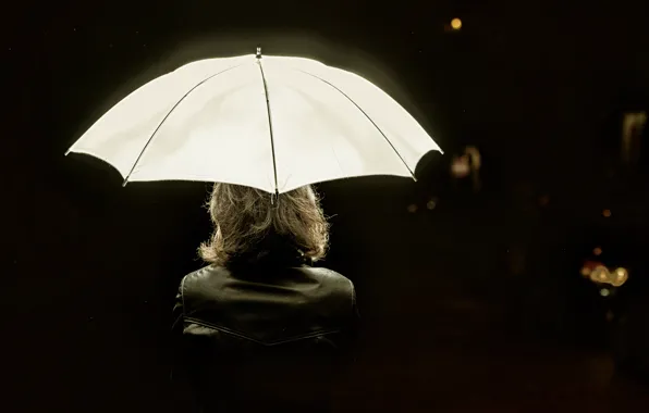 White, night, rain, woman, umbrella, fluorescent