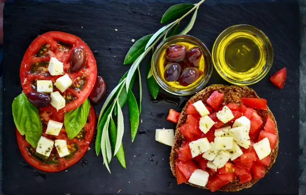 Oil, cheese, tomatoes, olives, tomatoes, olive oil, bread
