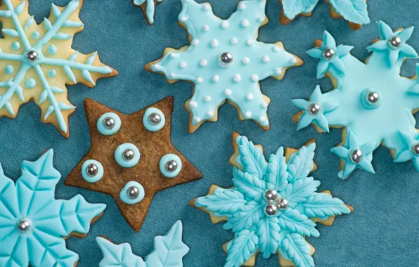 Winter, snowflakes, food, New Year, cookies, blue, Christmas, sweets