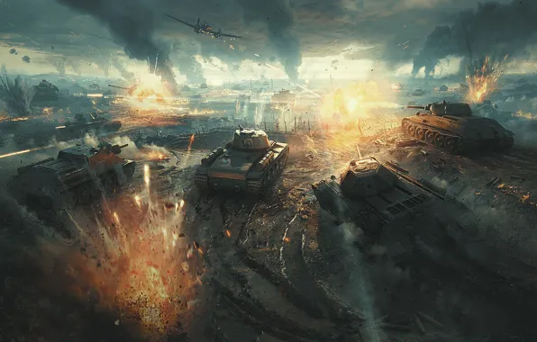 The plane, The explosion, Battle, Battle, Shot, Tanks, SAU, Game