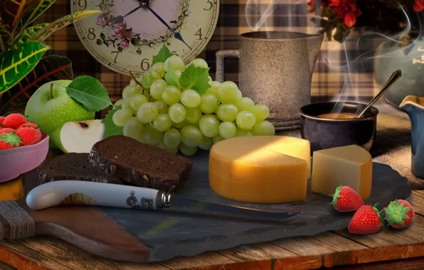 Berries, cheese, bread, grapes