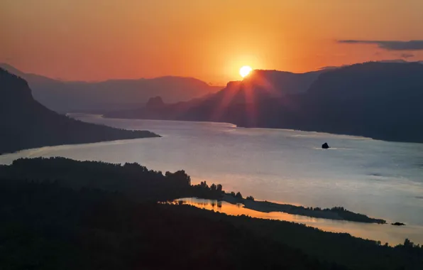 Forest, the sun, sunset, mountains, fog, shore, pond