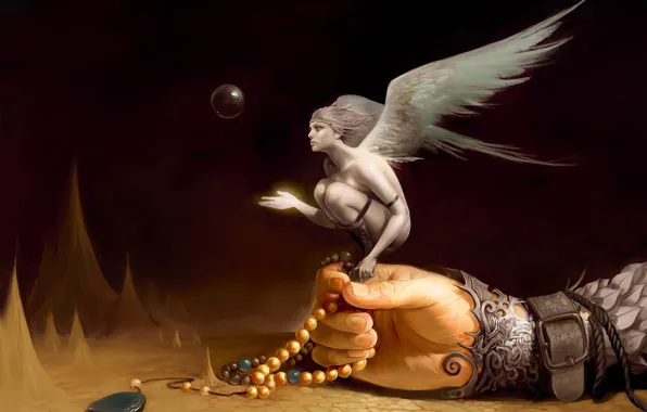Rocks, ball, hand, wings, angel, bubble, beads, rosary