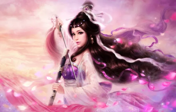 Girl, tape, hair, sword, petals, art, hairstyle, brush