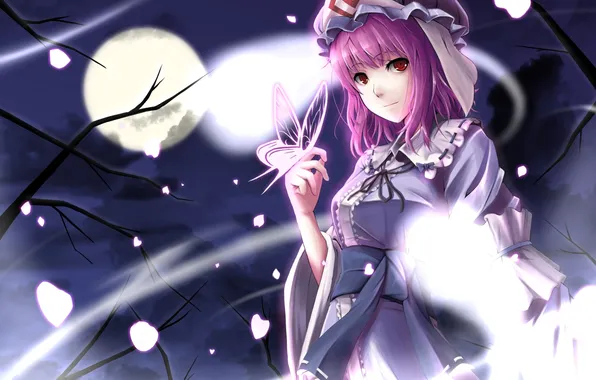 Look, girl, butterfly, night, the moon, touhou, art, cherry blossoms