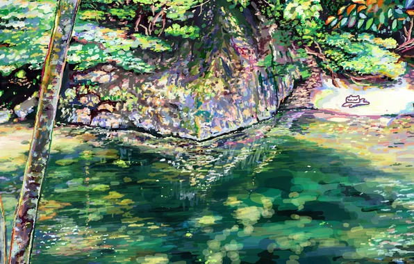 Cat, water, trees, nature, lake, reflection, art, Hikaru no tube