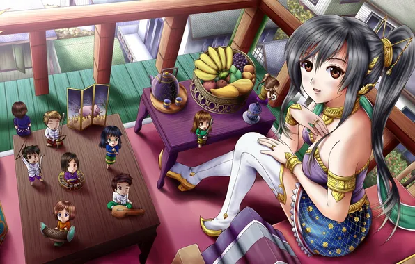 Look, girl, smile, home, balcony, fruit, gesture, figures