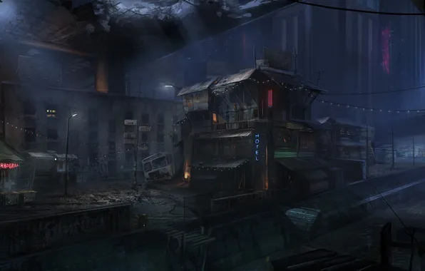 Night, bridge, the city, bar, art, ruins, the hotel