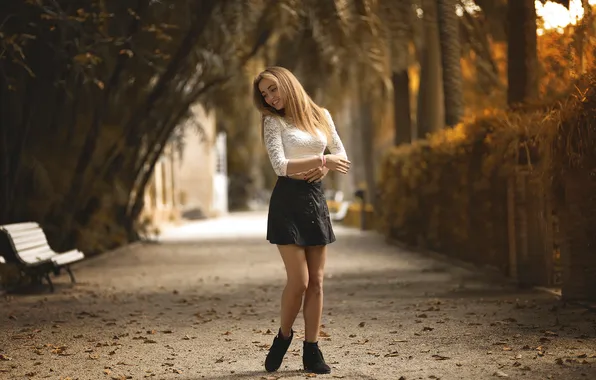 Autumn, girl, Park, skirt, legs, alley