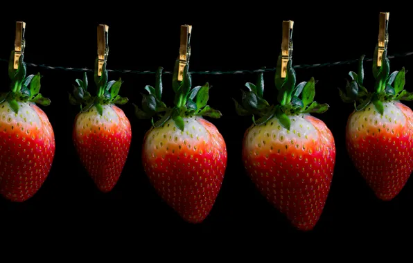 Picture berries, strawberry, black background, clothespins