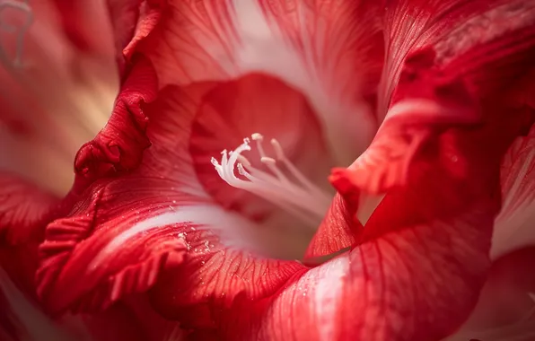 Flower, macro, red, petals, stamens, striped, gladiolus, AI art