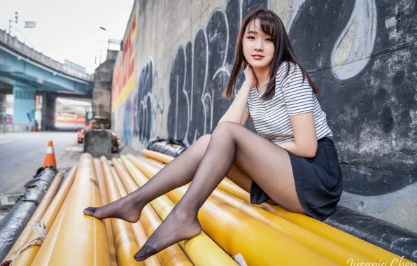 Look, pipe, pose, wall, wall, Asian, black stockings, look